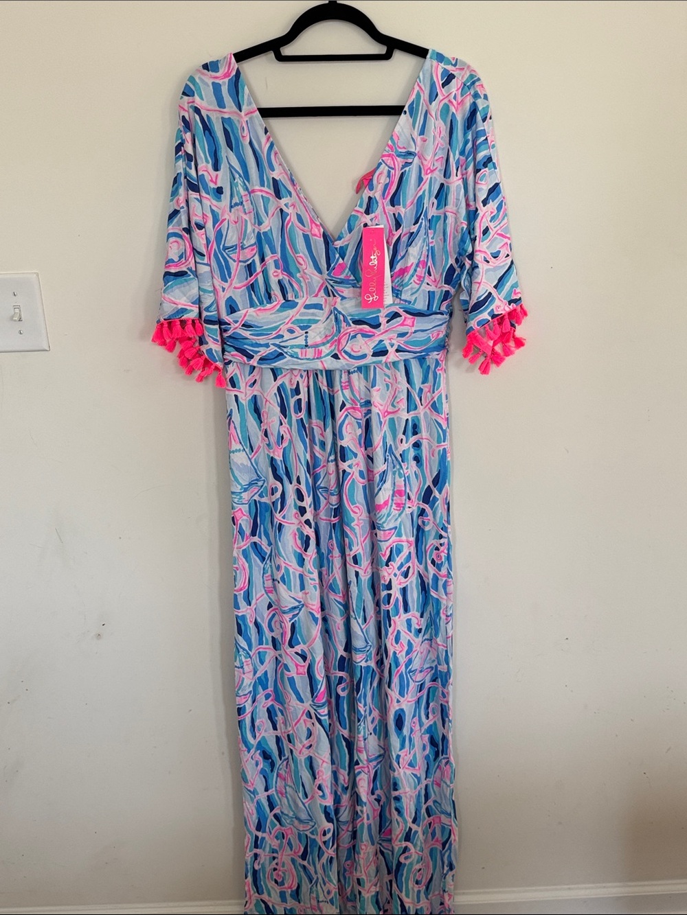 Lilly Pulitzer Vibrant Blue & Pink Maxi Dress with Tassel Sleeve Detail